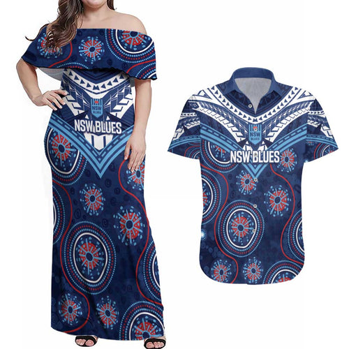Personalized Australia NSW Blues Couples Matching Off Shoulder Maxi Dress and Hawaiian Shirt Indigenous Aboriginal Mix Polynesian Motifs