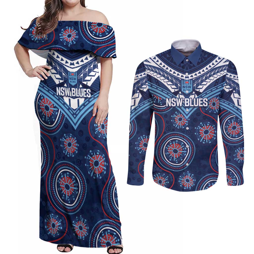 Personalized Australia NSW Blues Couples Matching Off Shoulder Maxi Dress and Long Sleeve Button Shirt Indigenous Aboriginal Mix Polynesian Motifs