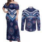 Personalized Australia NSW Blues Couples Matching Off Shoulder Maxi Dress and Long Sleeve Button Shirt Indigenous Aboriginal Mix Polynesian Motifs