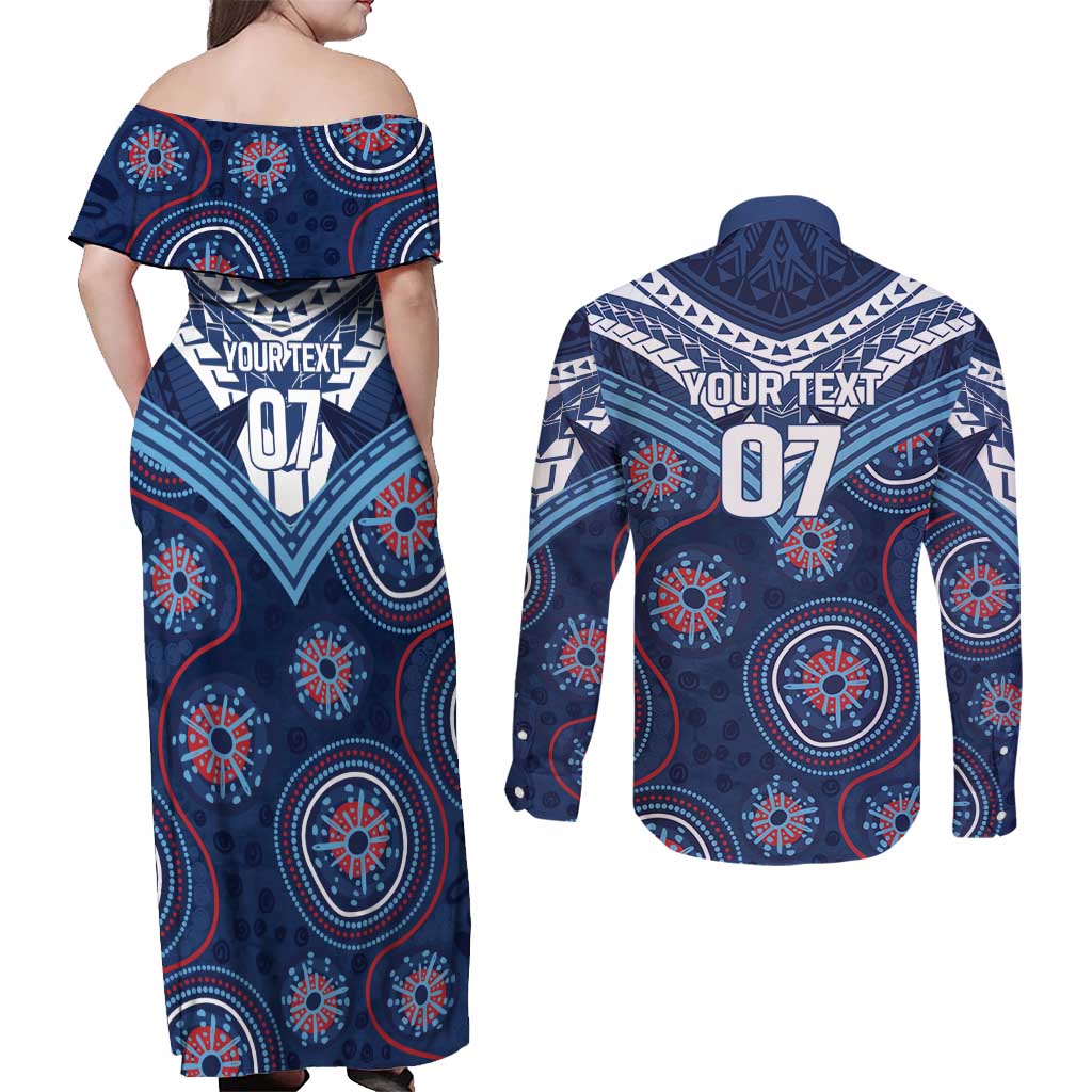 Personalized Australia NSW Blues Couples Matching Off Shoulder Maxi Dress and Long Sleeve Button Shirt Indigenous Aboriginal Mix Polynesian Motifs