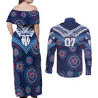 Personalized Australia NSW Blues Couples Matching Off Shoulder Maxi Dress and Long Sleeve Button Shirt Indigenous Aboriginal Mix Polynesian Motifs