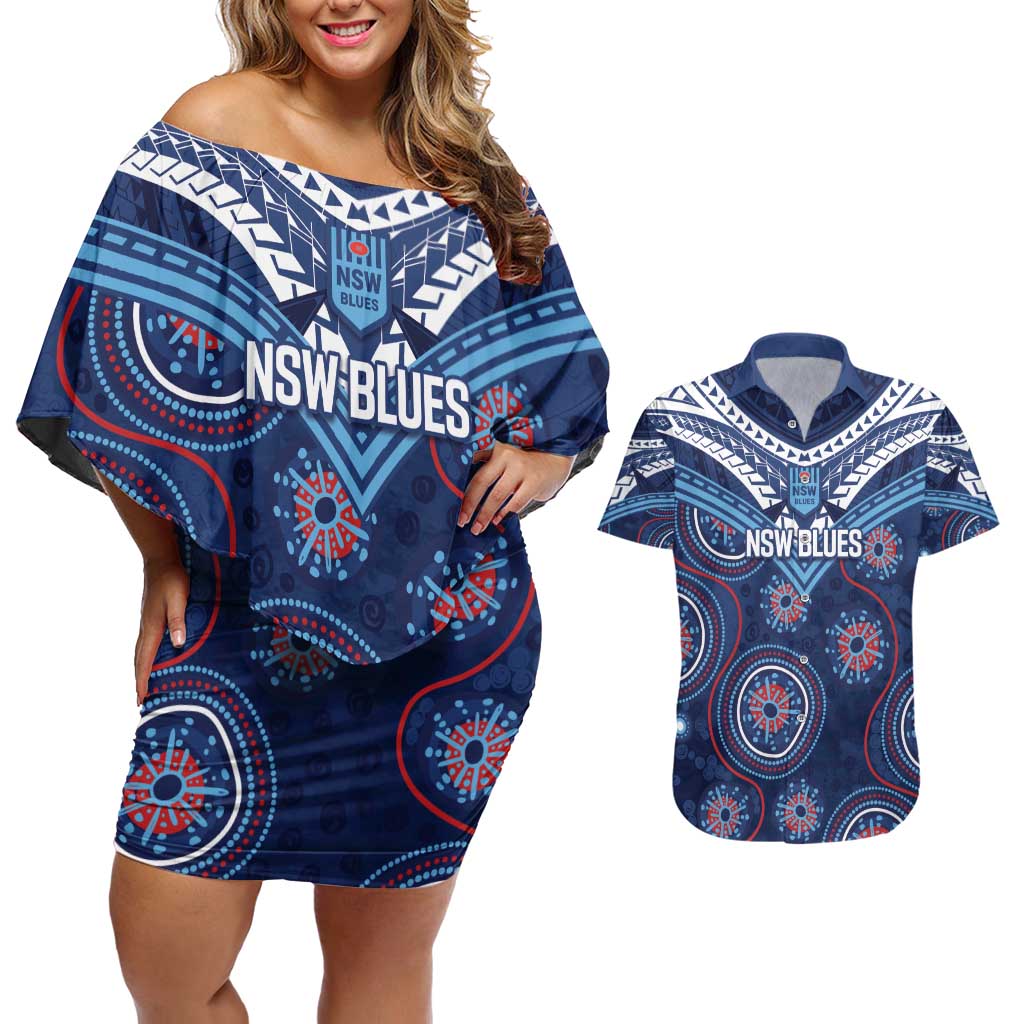 Personalized Australia NSW Blues Couples Matching Off Shoulder Short Dress and Hawaiian Shirt Indigenous Aboriginal Mix Polynesian Motifs