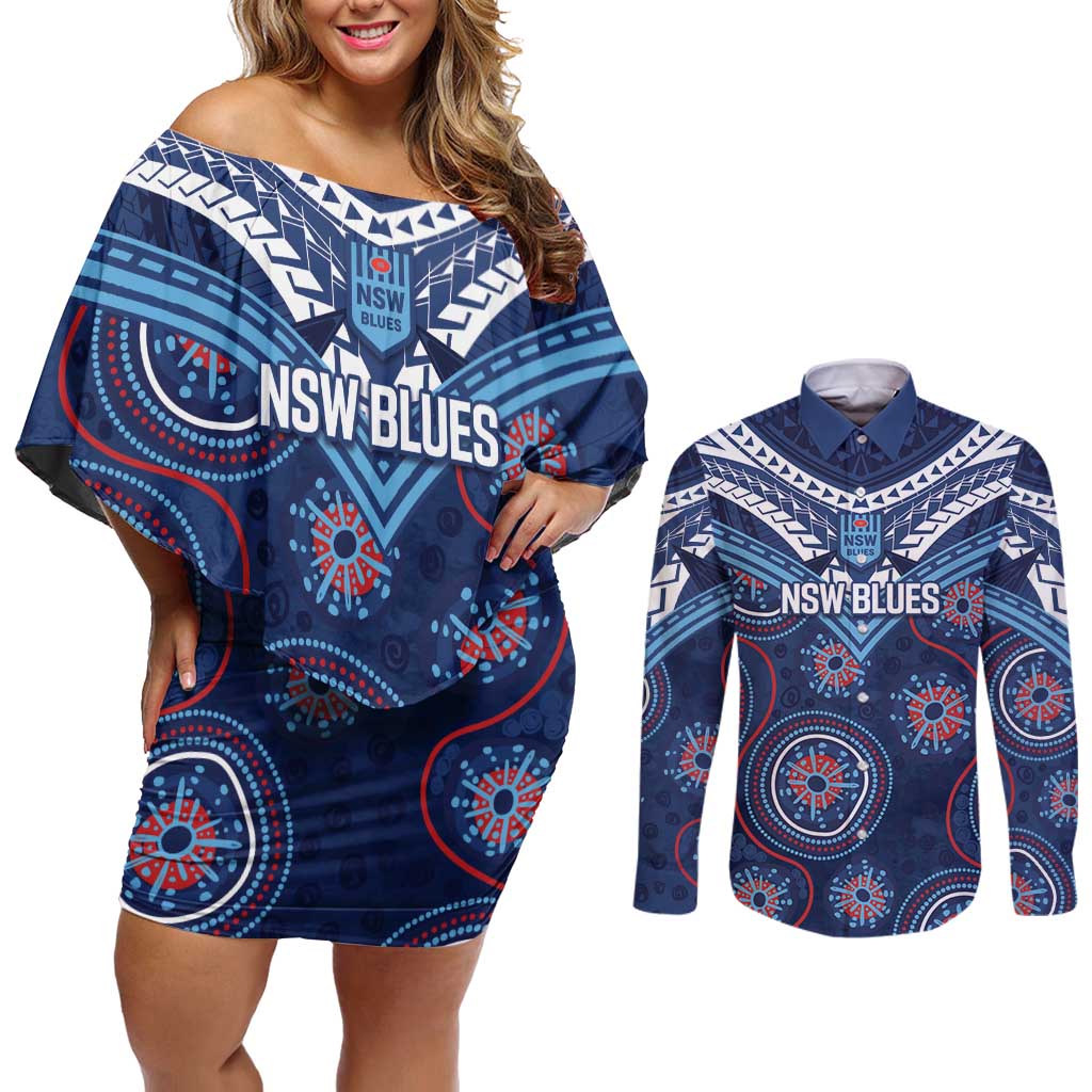Personalized Australia NSW Blues Couples Matching Off Shoulder Short Dress and Long Sleeve Button Shirt Indigenous Aboriginal Mix Polynesian Motifs
