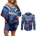 Personalized Australia NSW Blues Couples Matching Off Shoulder Short Dress and Long Sleeve Button Shirt Indigenous Aboriginal Mix Polynesian Motifs