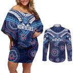 Personalized Australia NSW Blues Couples Matching Off Shoulder Short Dress and Long Sleeve Button Shirt Indigenous Aboriginal Mix Polynesian Motifs