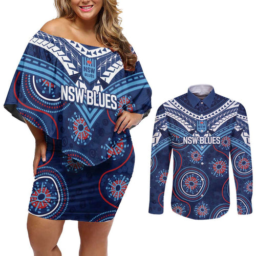 Personalized Australia NSW Blues Couples Matching Off Shoulder Short Dress and Long Sleeve Button Shirt Indigenous Aboriginal Mix Polynesian Motifs