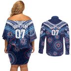 Personalized Australia NSW Blues Couples Matching Off Shoulder Short Dress and Long Sleeve Button Shirt Indigenous Aboriginal Mix Polynesian Motifs