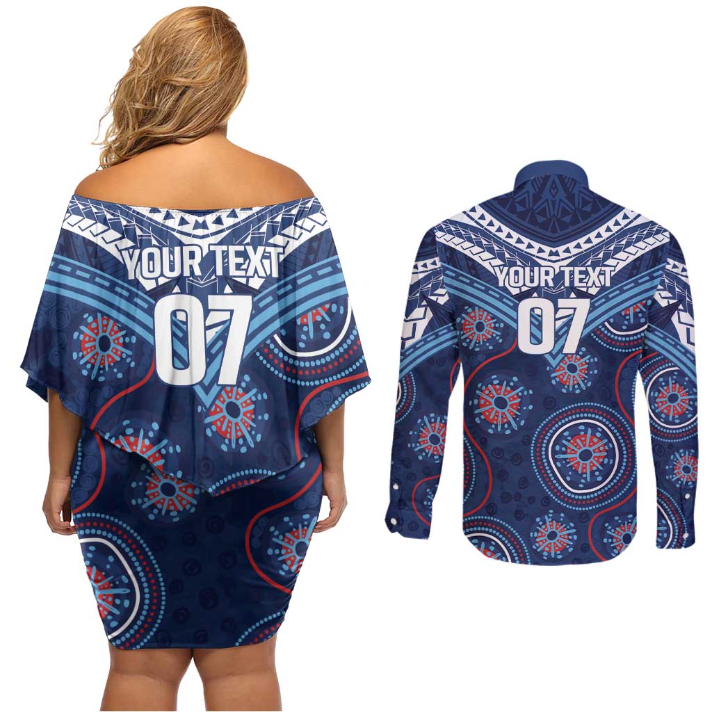 Personalized Australia NSW Blues Couples Matching Off Shoulder Short Dress and Long Sleeve Button Shirt Indigenous Aboriginal Mix Polynesian Motifs