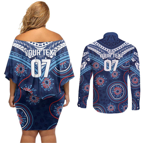 Personalized Australia NSW Blues Couples Matching Off Shoulder Short Dress and Long Sleeve Button Shirt Indigenous Aboriginal Mix Polynesian Motifs