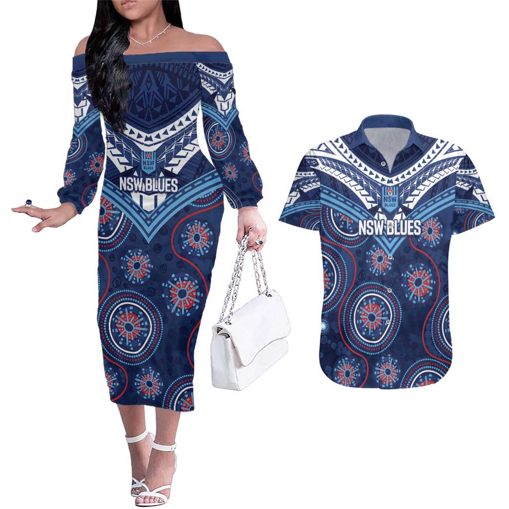 Personalized Australia NSW Blues Couples Matching Off The Shoulder Long Sleeve Dress and Hawaiian Shirt Indigenous Aboriginal Mix Polynesian Motifs