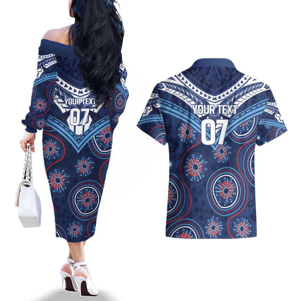 Personalized Australia NSW Blues Couples Matching Off The Shoulder Long Sleeve Dress and Hawaiian Shirt Indigenous Aboriginal Mix Polynesian Motifs