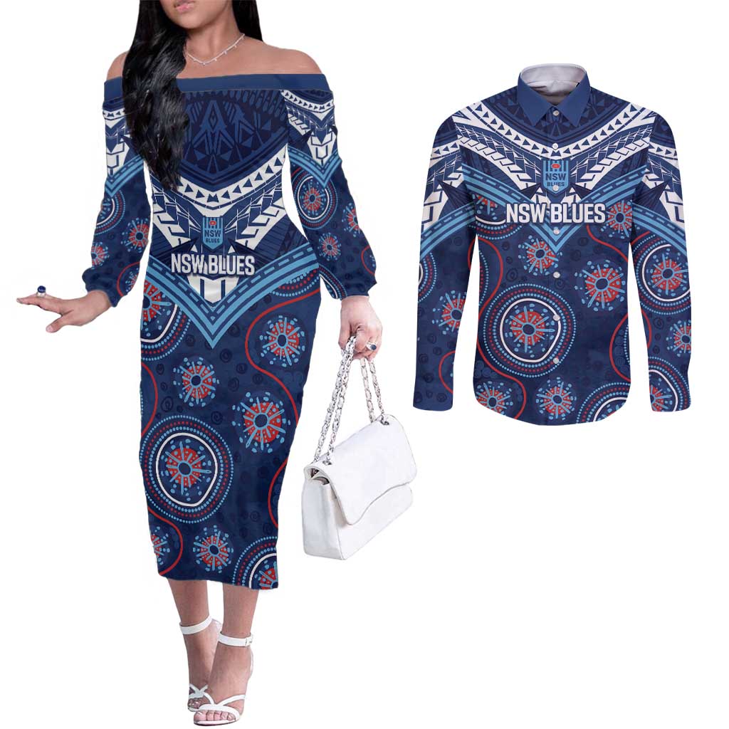 Personalized Australia NSW Blues Couples Matching Off The Shoulder Long Sleeve Dress and Long Sleeve Button Shirt Indigenous Aboriginal Mix Polynesian Motifs