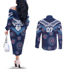Personalized Australia NSW Blues Couples Matching Off The Shoulder Long Sleeve Dress and Long Sleeve Button Shirt Indigenous Aboriginal Mix Polynesian Motifs