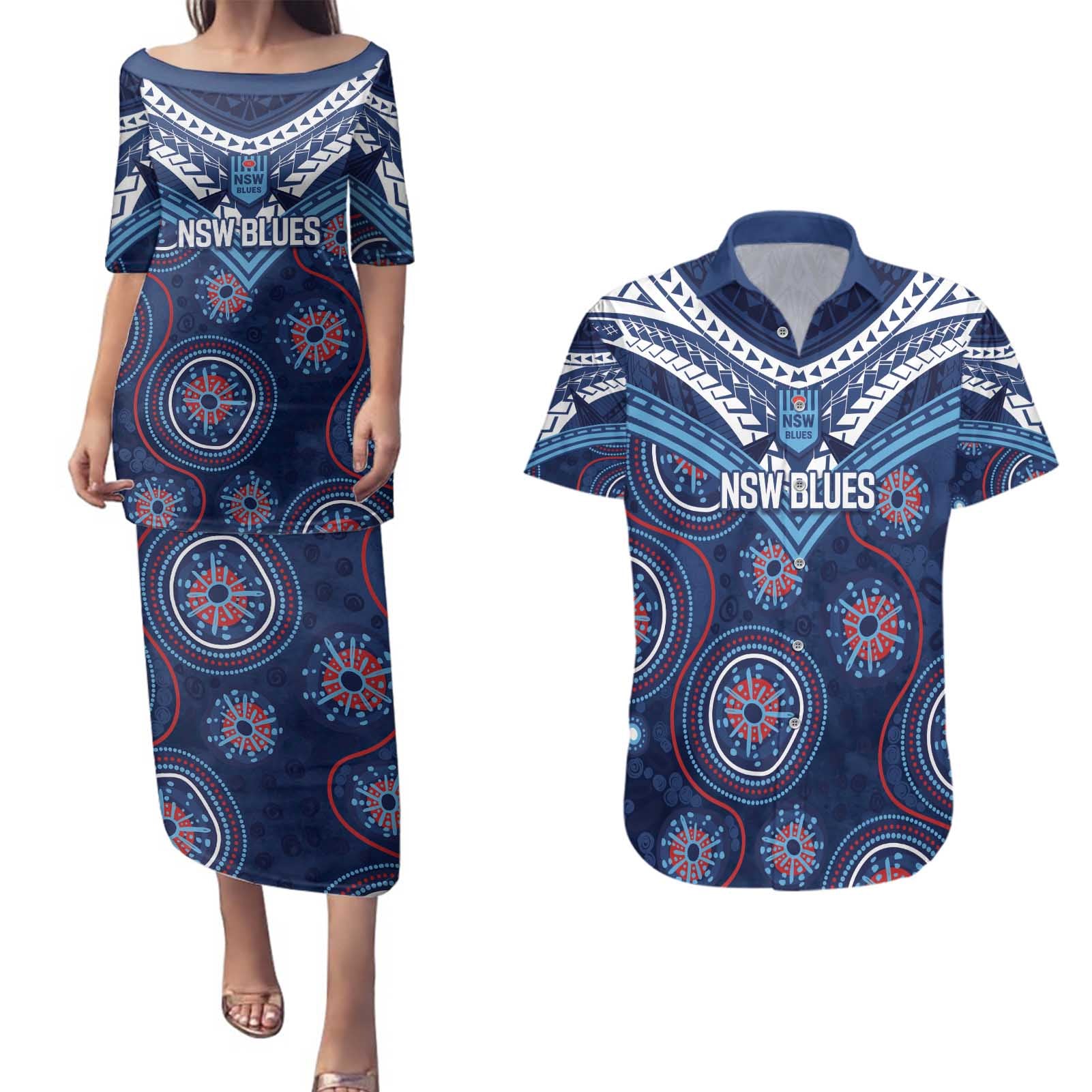 Personalized Australia NSW Blues Couples Matching Puletasi and Hawaiian Shirt Indigenous Aboriginal Mix Polynesian Motifs