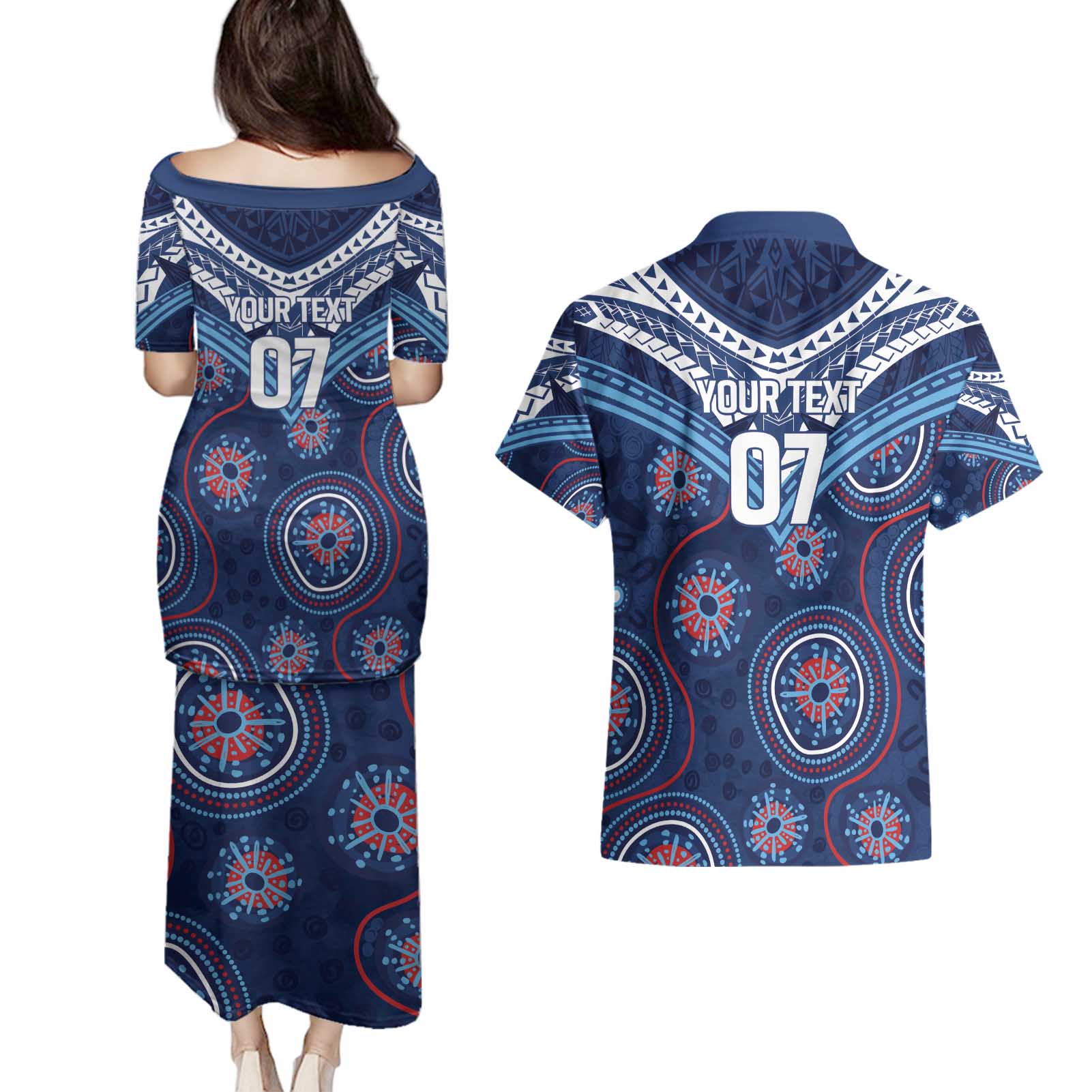 Personalized Australia NSW Blues Couples Matching Puletasi and Hawaiian Shirt Indigenous Aboriginal Mix Polynesian Motifs