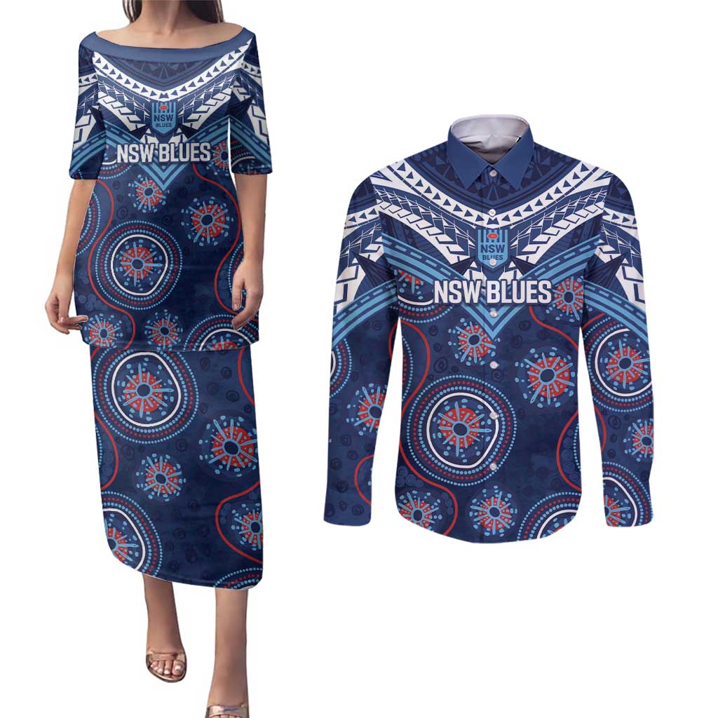Personalized Australia NSW Blues Couples Matching Puletasi and Long Sleeve Button Shirt Indigenous Aboriginal Mix Polynesian Motifs