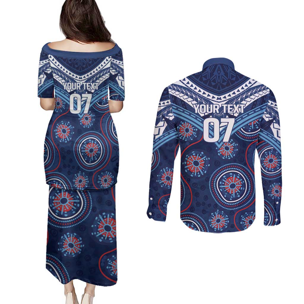 Personalized Australia NSW Blues Couples Matching Puletasi and Long Sleeve Button Shirt Indigenous Aboriginal Mix Polynesian Motifs