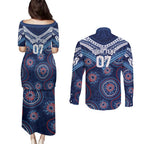 Personalized Australia NSW Blues Couples Matching Puletasi and Long Sleeve Button Shirt Indigenous Aboriginal Mix Polynesian Motifs