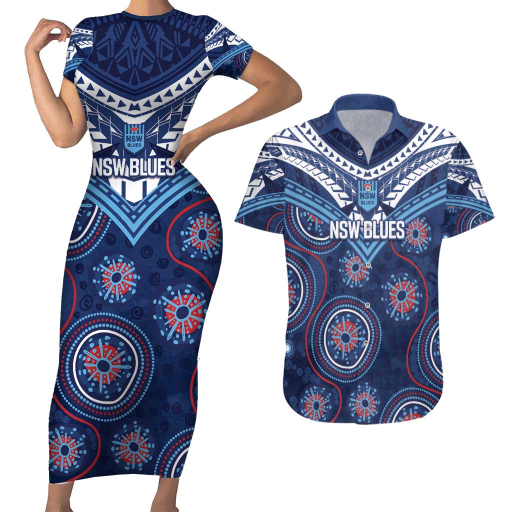 Personalized Australia NSW Blues Couples Matching Short Sleeve Bodycon Dress and Hawaiian Shirt Indigenous Aboriginal Mix Polynesian Motifs