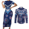 Personalized Australia NSW Blues Couples Matching Short Sleeve Bodycon Dress and Long Sleeve Button Shirt Indigenous Aboriginal Mix Polynesian Motifs