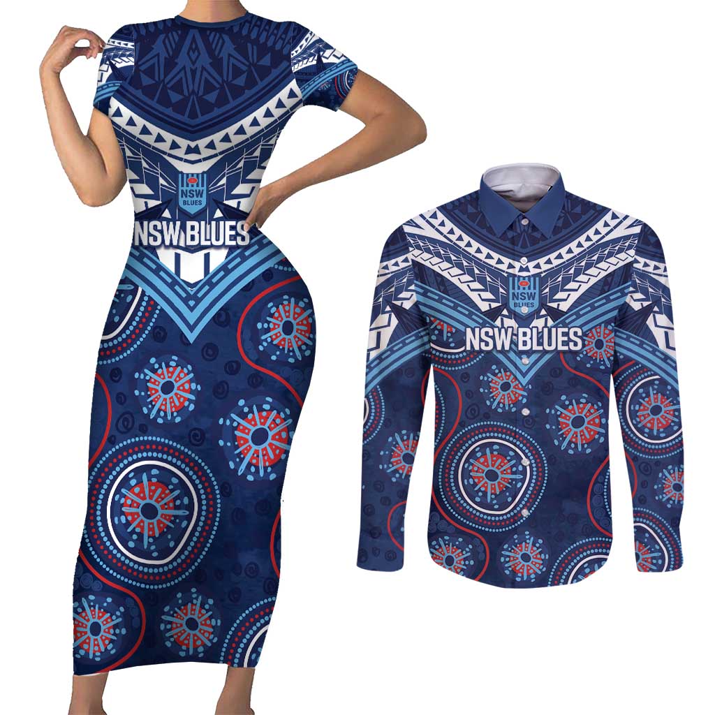 Personalized Australia NSW Blues Couples Matching Short Sleeve Bodycon Dress and Long Sleeve Button Shirt Indigenous Aboriginal Mix Polynesian Motifs