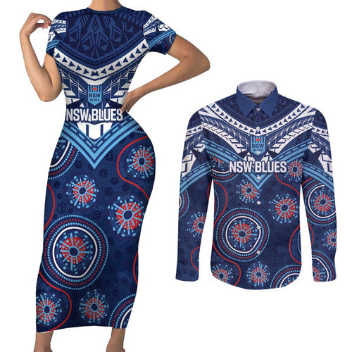 Personalized Australia NSW Blues Couples Matching Short Sleeve Bodycon Dress and Long Sleeve Button Shirt Indigenous Aboriginal Mix Polynesian Motifs