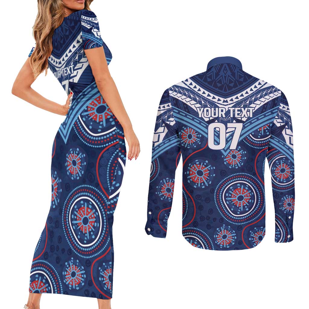 Personalized Australia NSW Blues Couples Matching Short Sleeve Bodycon Dress and Long Sleeve Button Shirt Indigenous Aboriginal Mix Polynesian Motifs