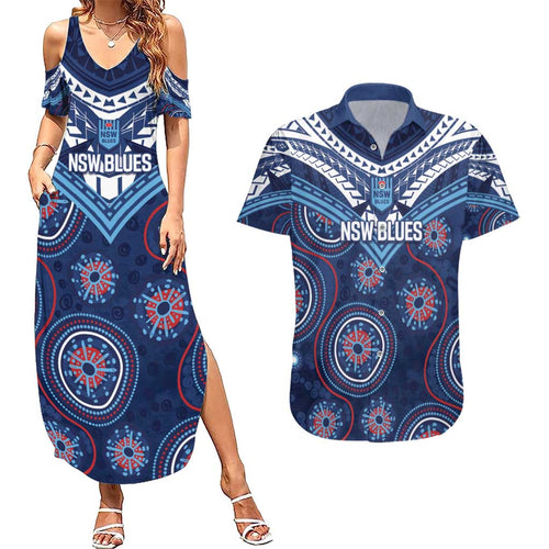 Personalized Australia NSW Blues Couples Matching Summer Maxi Dress and Hawaiian Shirt Indigenous Aboriginal Mix Polynesian Motifs
