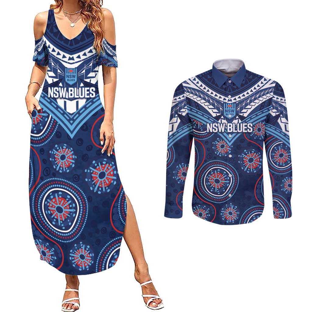 Personalized Australia NSW Blues Couples Matching Summer Maxi Dress and Long Sleeve Button Shirt Indigenous Aboriginal Mix Polynesian Motifs