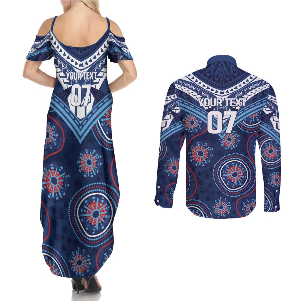 Personalized Australia NSW Blues Couples Matching Summer Maxi Dress and Long Sleeve Button Shirt Indigenous Aboriginal Mix Polynesian Motifs