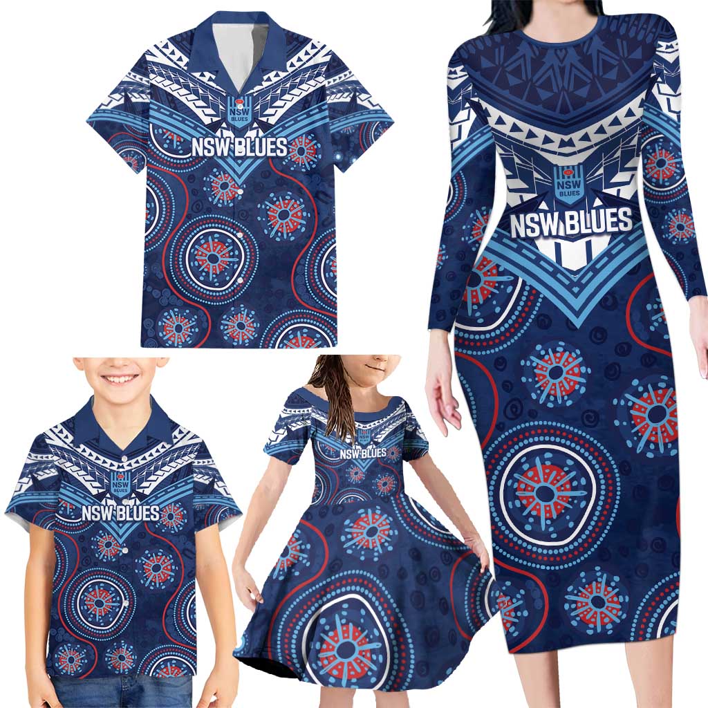 Personalized Australia NSW Blues Family Matching Long Sleeve Bodycon Dress and Hawaiian Shirt Indigenous Aboriginal Mix Polynesian Motifs
