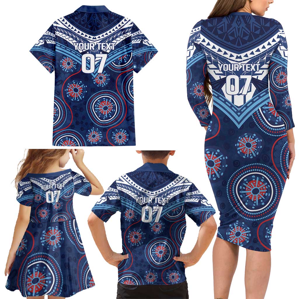 Personalized Australia NSW Blues Family Matching Long Sleeve Bodycon Dress and Hawaiian Shirt Indigenous Aboriginal Mix Polynesian Motifs