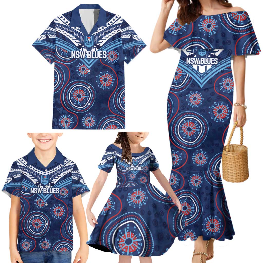 Personalized Australia NSW Blues Family Matching Mermaid Dress and Hawaiian Shirt Indigenous Aboriginal Mix Polynesian Motifs