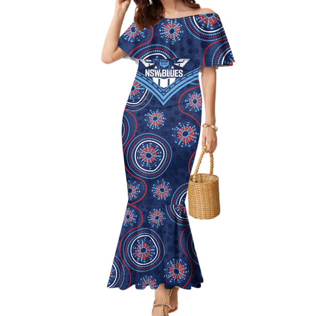 Personalized Australia NSW Blues Family Matching Mermaid Dress and Hawaiian Shirt Indigenous Aboriginal Mix Polynesian Motifs