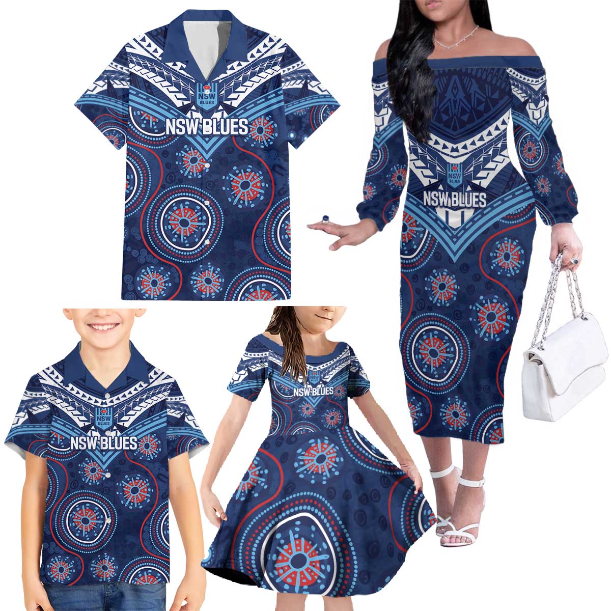 Personalized Australia NSW Blues Family Matching Off The Shoulder Long Sleeve Dress and Hawaiian Shirt Indigenous Aboriginal Mix Polynesian Motifs