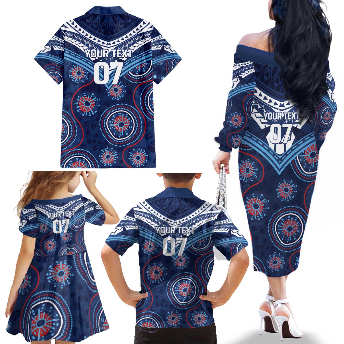 Personalized Australia NSW Blues Family Matching Off The Shoulder Long Sleeve Dress and Hawaiian Shirt Indigenous Aboriginal Mix Polynesian Motifs