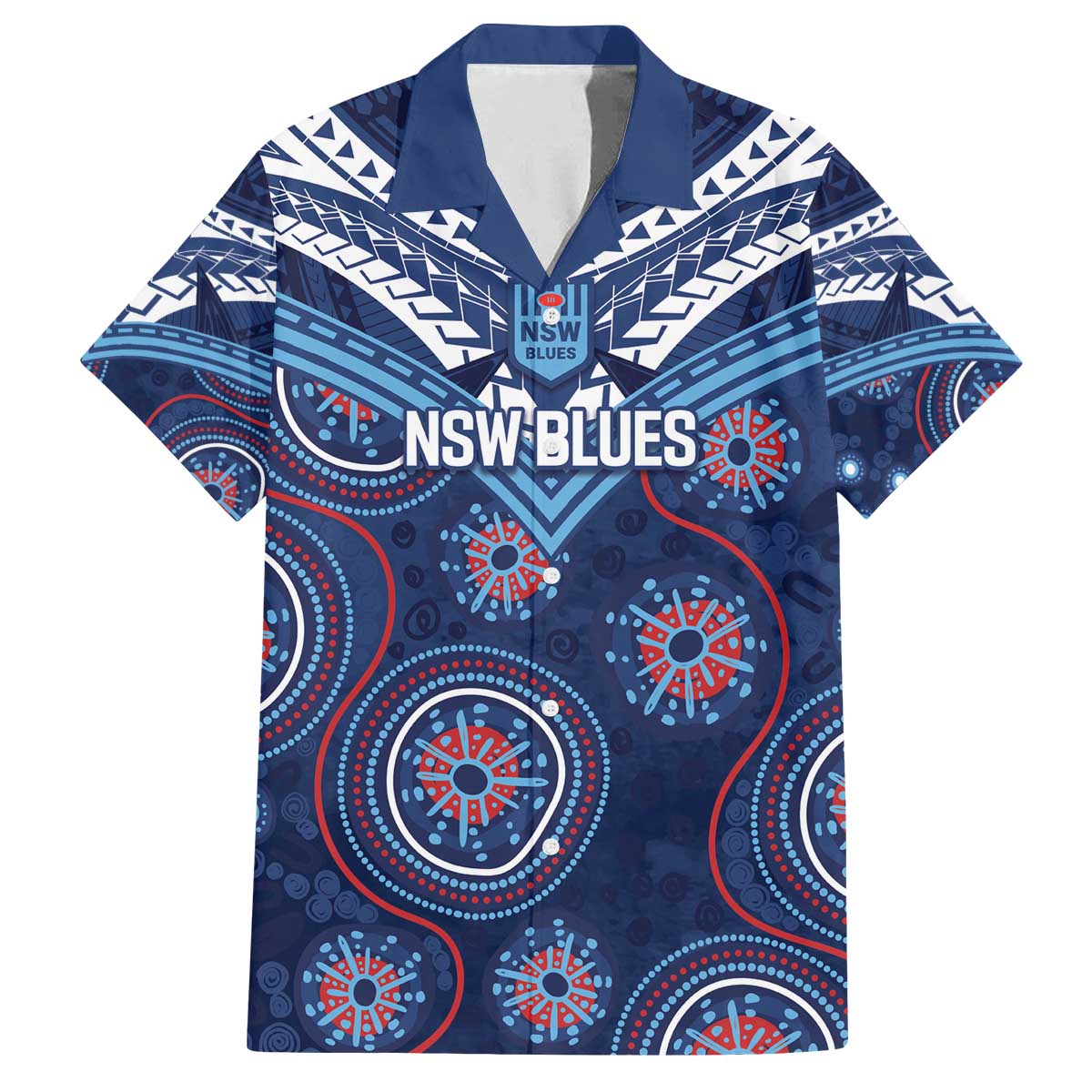 Personalized Australia NSW Blues Family Matching Off The Shoulder Long Sleeve Dress and Hawaiian Shirt Indigenous Aboriginal Mix Polynesian Motifs