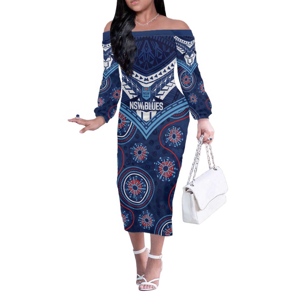 Personalized Australia NSW Blues Family Matching Off The Shoulder Long Sleeve Dress and Hawaiian Shirt Indigenous Aboriginal Mix Polynesian Motifs