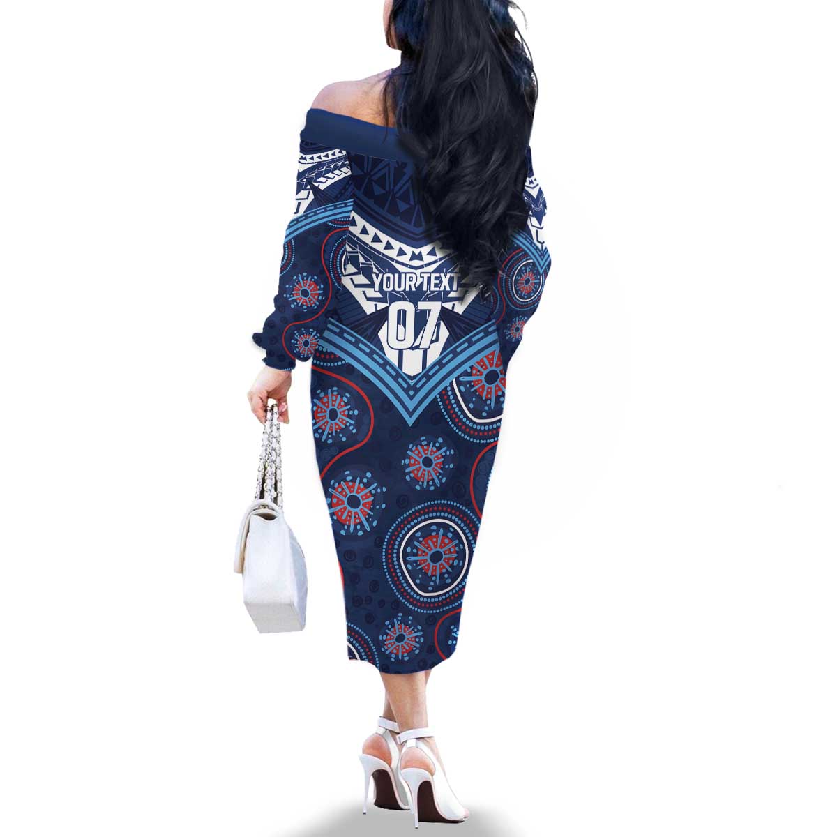 Personalized Australia NSW Blues Family Matching Off The Shoulder Long Sleeve Dress and Hawaiian Shirt Indigenous Aboriginal Mix Polynesian Motifs