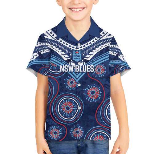 Personalized Australia NSW Blues Family Matching Off The Shoulder Long Sleeve Dress and Hawaiian Shirt Indigenous Aboriginal Mix Polynesian Motifs