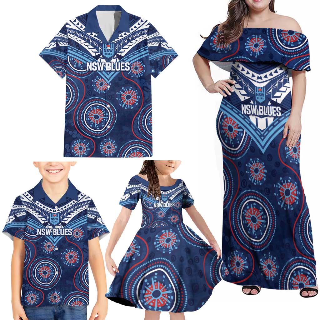 Personalized Australia NSW Blues Family Matching Off Shoulder Maxi Dress and Hawaiian Shirt Indigenous Aboriginal Mix Polynesian Motifs