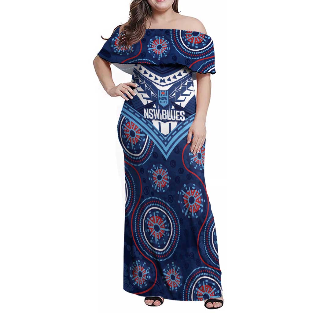 Personalized Australia NSW Blues Family Matching Off Shoulder Maxi Dress and Hawaiian Shirt Indigenous Aboriginal Mix Polynesian Motifs
