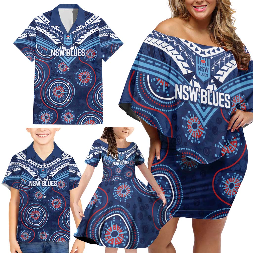 Personalized Australia NSW Blues Family Matching Off Shoulder Short Dress and Hawaiian Shirt Indigenous Aboriginal Mix Polynesian Motifs