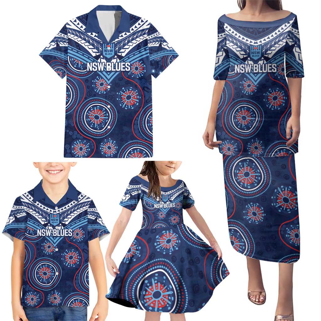 Personalized Australia NSW Blues Family Matching Puletasi and Hawaiian Shirt Indigenous Aboriginal Mix Polynesian Motifs