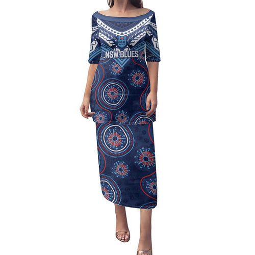 Personalized Australia NSW Blues Family Matching Puletasi and Hawaiian Shirt Indigenous Aboriginal Mix Polynesian Motifs