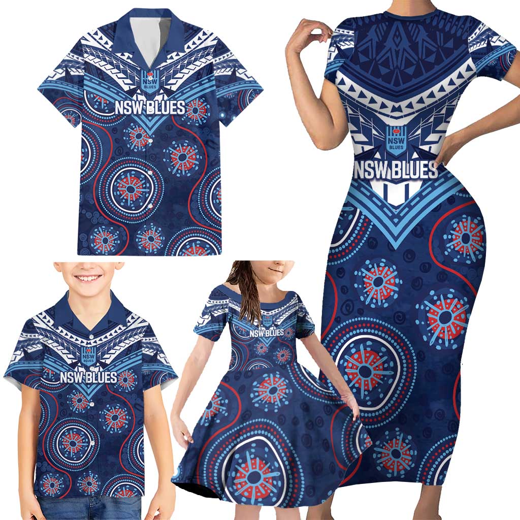 Personalized Australia NSW Blues Family Matching Short Sleeve Bodycon Dress and Hawaiian Shirt Indigenous Aboriginal Mix Polynesian Motifs