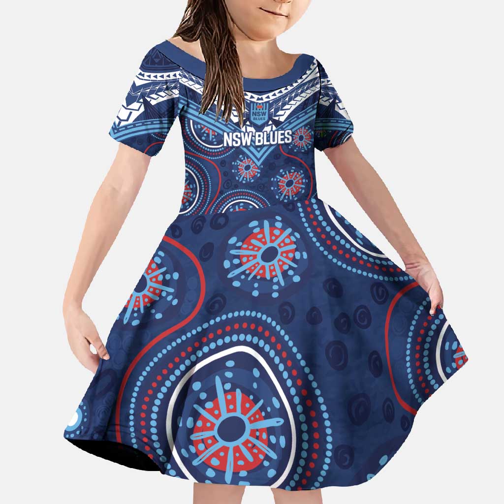 Personalized Australia NSW Blues Family Matching Short Sleeve Bodycon Dress and Hawaiian Shirt Indigenous Aboriginal Mix Polynesian Motifs
