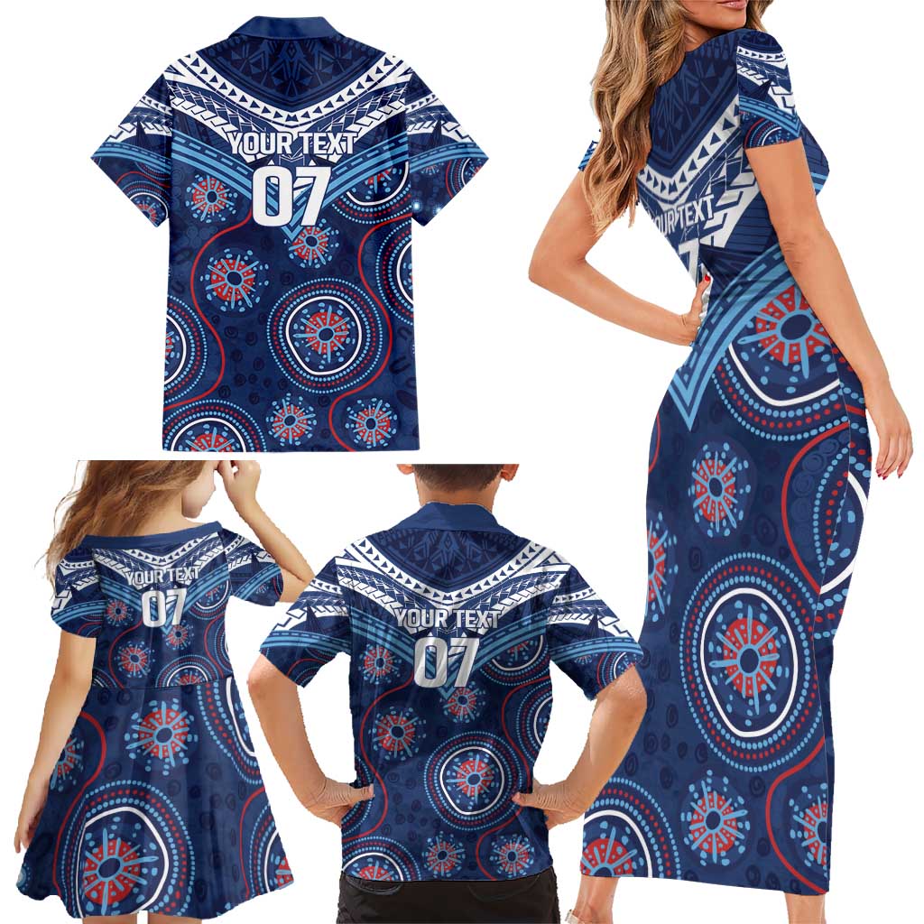 Personalized Australia NSW Blues Family Matching Short Sleeve Bodycon Dress and Hawaiian Shirt Indigenous Aboriginal Mix Polynesian Motifs
