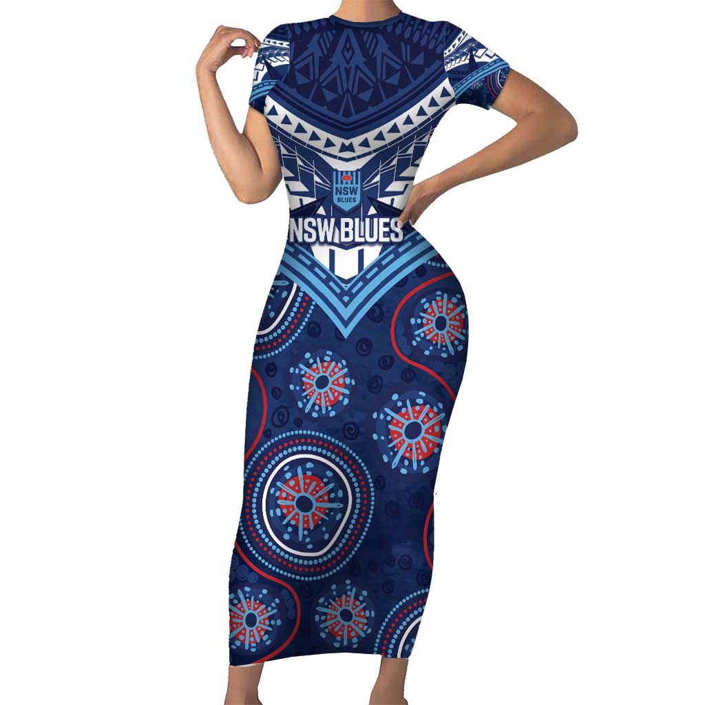 Personalized Australia NSW Blues Family Matching Short Sleeve Bodycon Dress and Hawaiian Shirt Indigenous Aboriginal Mix Polynesian Motifs