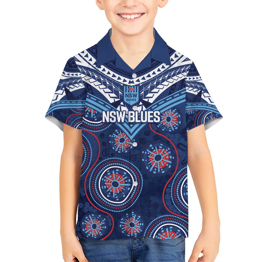 Personalized Australia NSW Blues Family Matching Short Sleeve Bodycon Dress and Hawaiian Shirt Indigenous Aboriginal Mix Polynesian Motifs